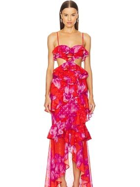 Fuchsia and Red Ruffle Cutout Maxi Dress